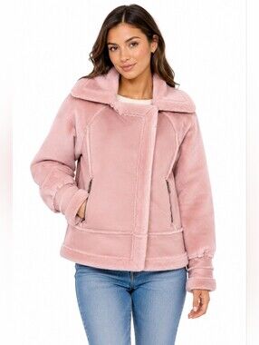 Blush Pink Faux Shearling Moto Jacket Size S Korean Oversized Lapel Zip